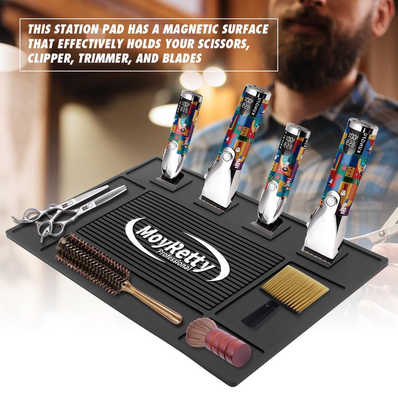 MoyRetty Magnetic Barber Organizer Mat for Clippers(17.7'' x 11.8''), Professional Anti-Slip Heat-Resistant Silicone Pad for Hair Stylist Supplies- 4 Magnets