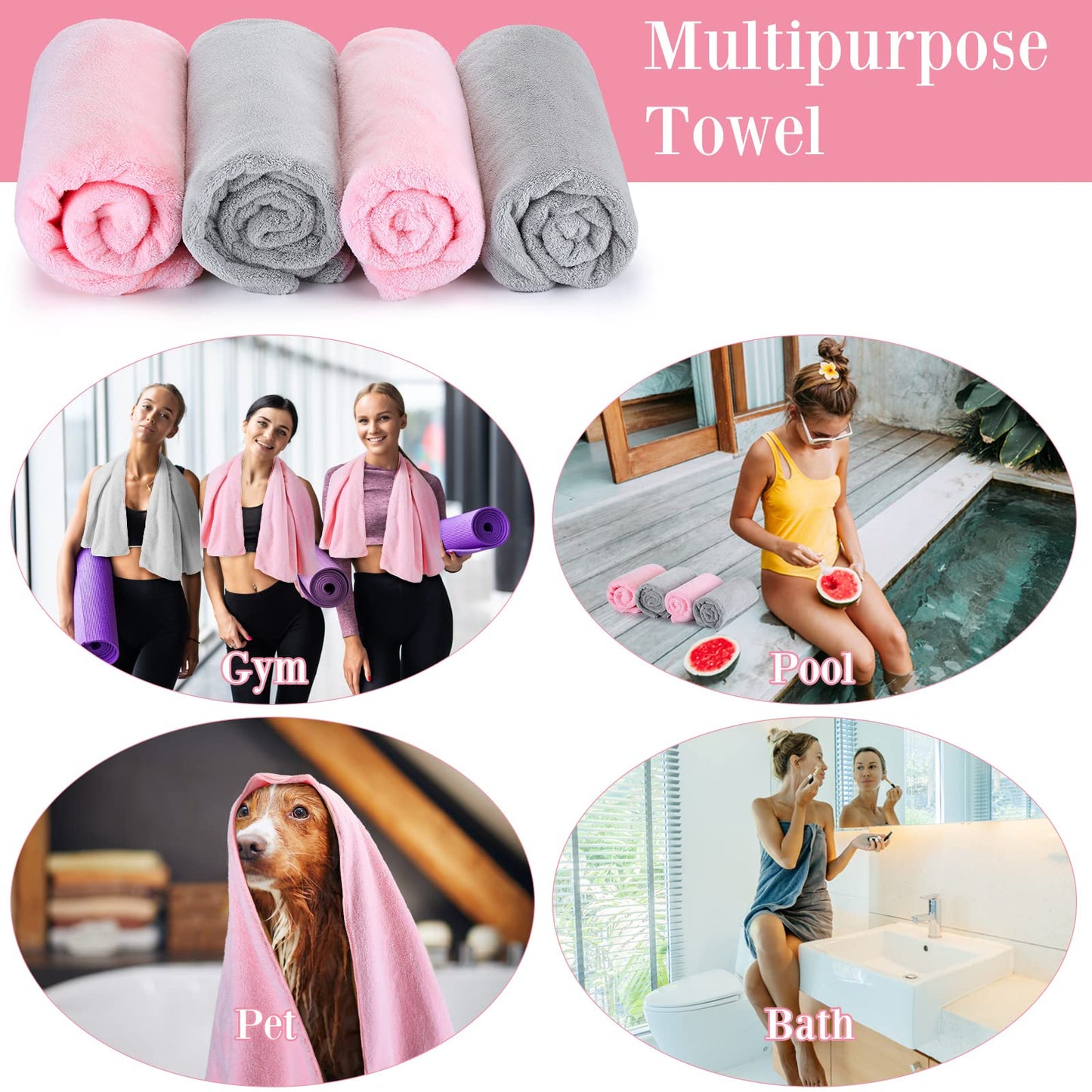 Tatuo 4 Pcs 20 x 40 Large Microfiber Hair Towel for Long Hair Quick Dry Towel Absorbent Turbans Anti Frizz Drying Turbans Wrap for Curly Long Short Women, Pink and Gray