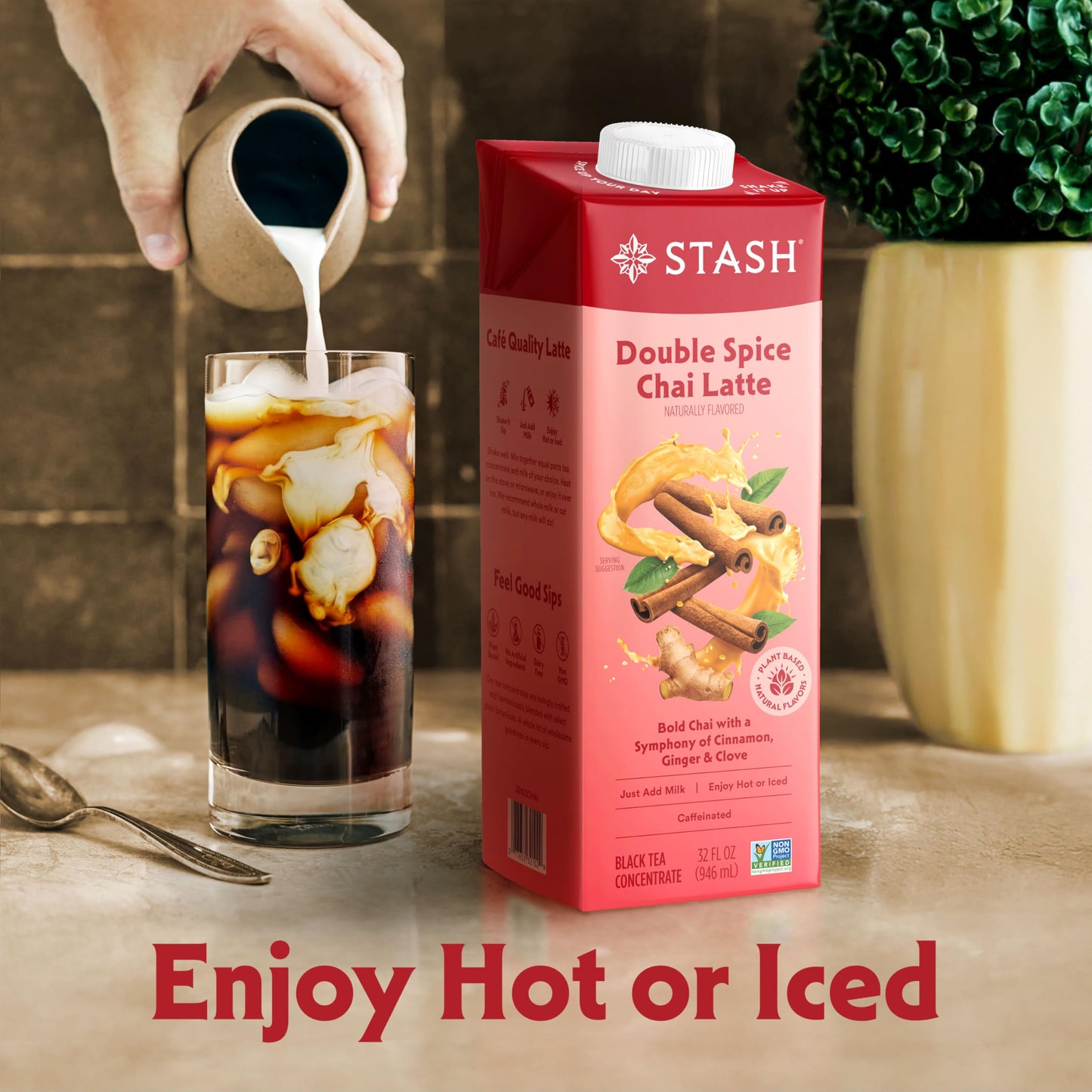 STASH Double Spice Chai Latte Concentrate - Barista Style Caffeinated Chai Tea Beverage - Crafted in Oregon - Plant Based and Dairy-Free, Serve Hot or Iced, 32 fl oz