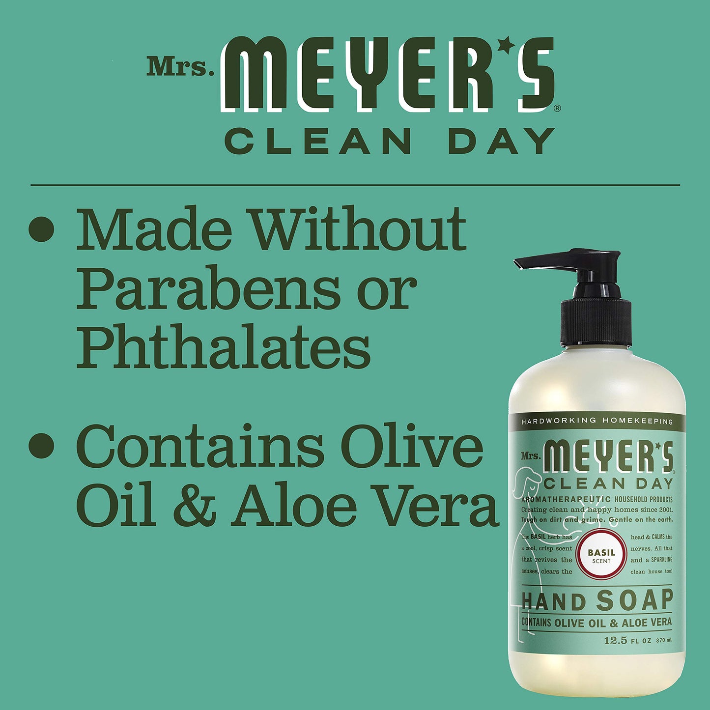 MRS. MEYER'S CLEAN DAY Liquid Hand Soap, Cruelty Free Hand Wash Made with Essential Oils, Basil Scent, 12.5 oz - Pack of 6