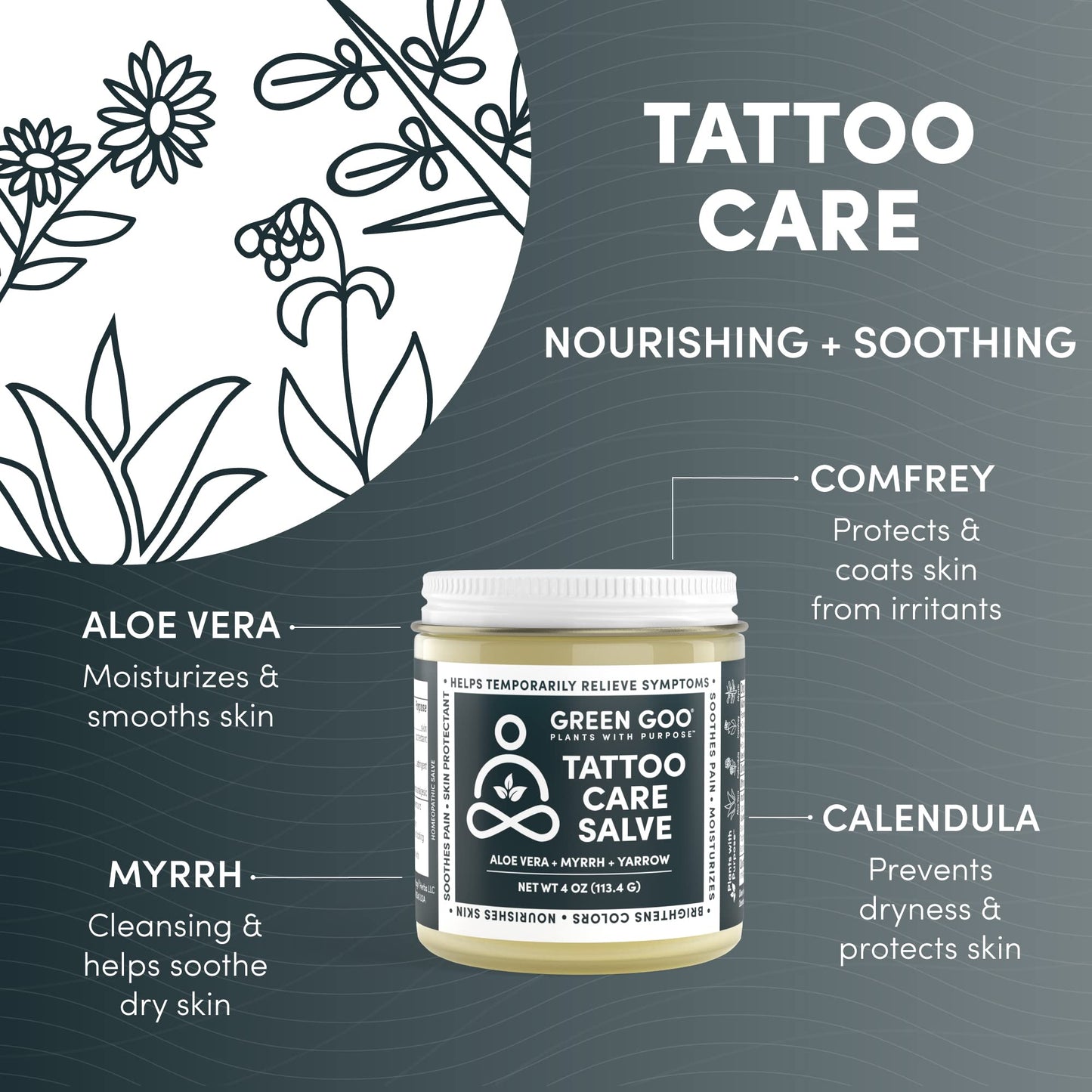 Green Goo Tattoo Care, Natural Aftercare Ointment for New Tattoos with Aloe Vera, Myrrh & Yarrow, Soothes Pain & Swelling & Helps Maintain Art, 4 Oz