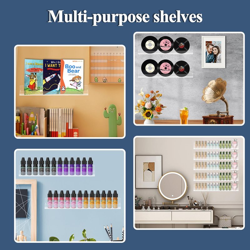 SOVQUEST Nail Polish Shelf Wall 15 Inch Acrylic Clear Rack Sunglass Organizer Multi-Purpose Floating Shelves for Beauty Salons Retailer Dressing Room (12 PCs)