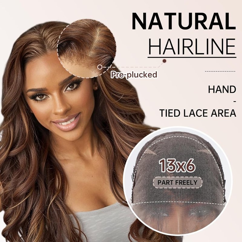 Allbell 13x6 Glueless HD Lace Wigs,Synthetic Lace Front Wig for Black Women,24Inch Balayage Brown Body Wave Hair Replacement