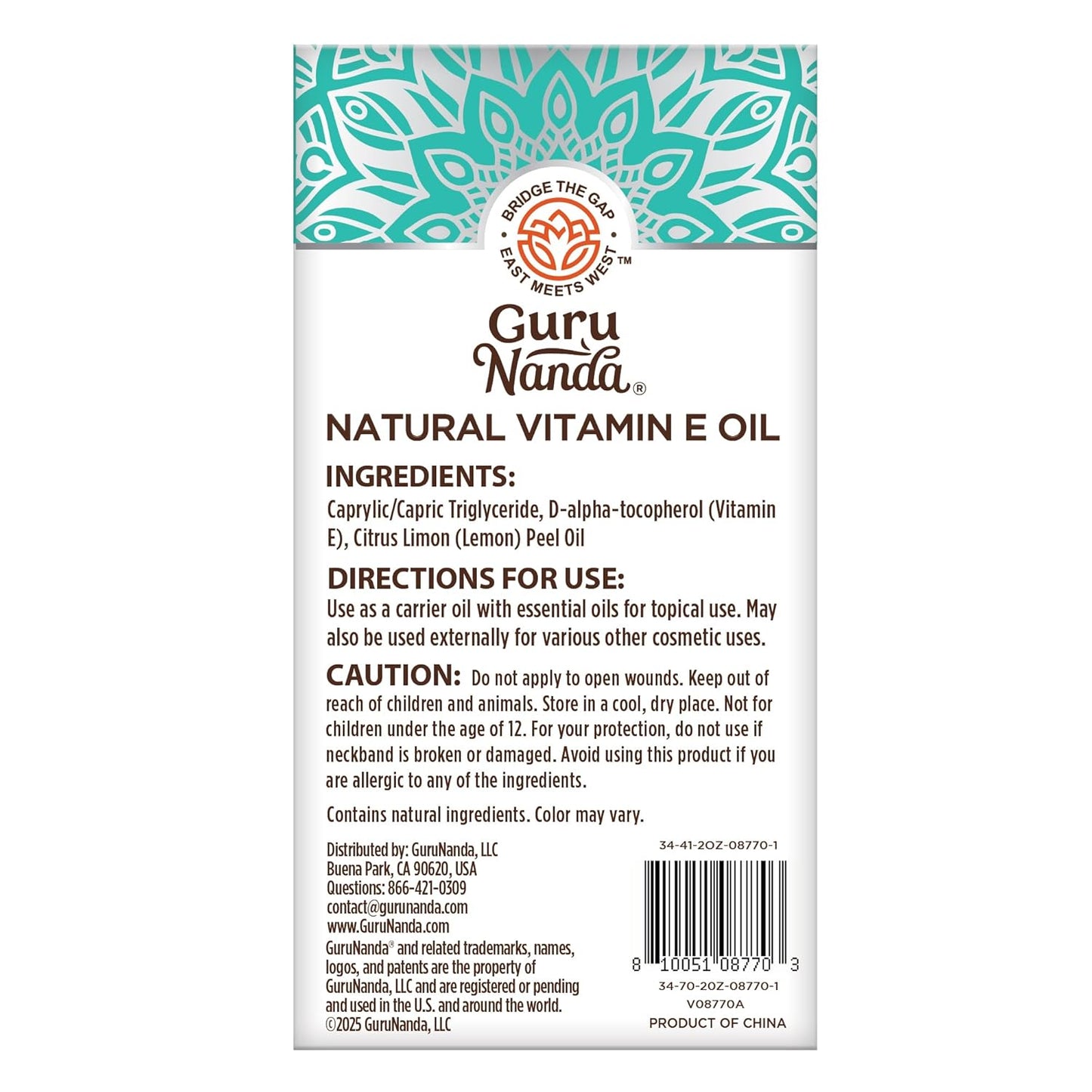 GuruNanda Vitamin E Oil, 2 Fl Oz Pure & Natural, 15,000 IU per Bottle, for Skin, Hair, Face, Nails & Scars, With Coconut Oil to Help Nourish & Moisture, Non-GMO & Vegan