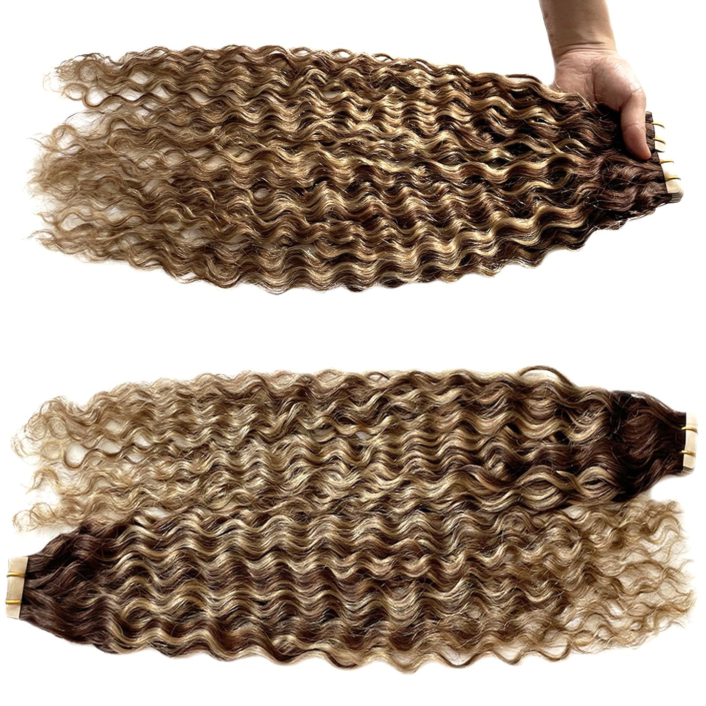 Honey Blonde Highlight Water Wave Tape in Human Hair Extensions Tape ins Real Human Hair Extensions for Black Women Ombre Brown with Caramel Blonde Highlight Loose Curly Skin Weft Hair Extension 12”