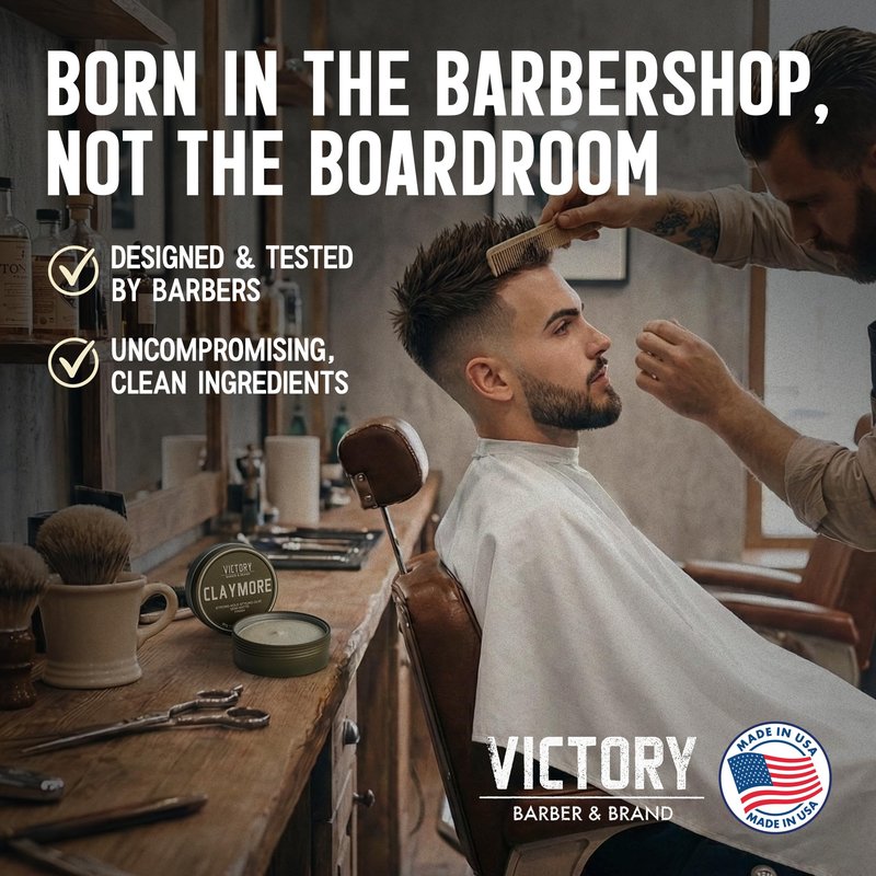 Victory Barber & Brand Claymore hair pomade for men | Strong Hold Matte Finish Men's Clay Pomade | made in usa | Designed by barbers, made for the rugged | Texturizing & Styling Clay 3.1 Oz