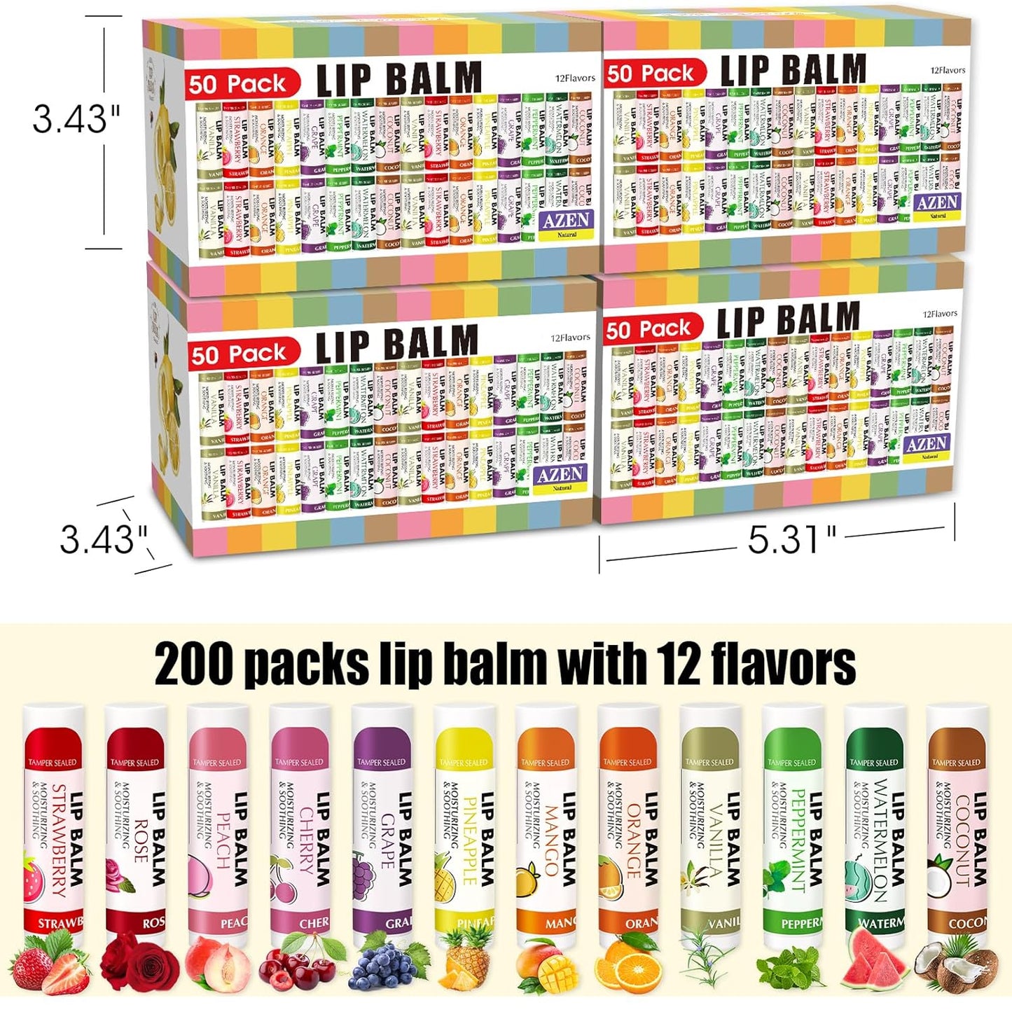 AZEN 24 Pack Lip Balm, Natural Lip Balm Bulk, Lip Care Product, Moisturizing Lip Balms for dry cracked lips - 12 Flavors