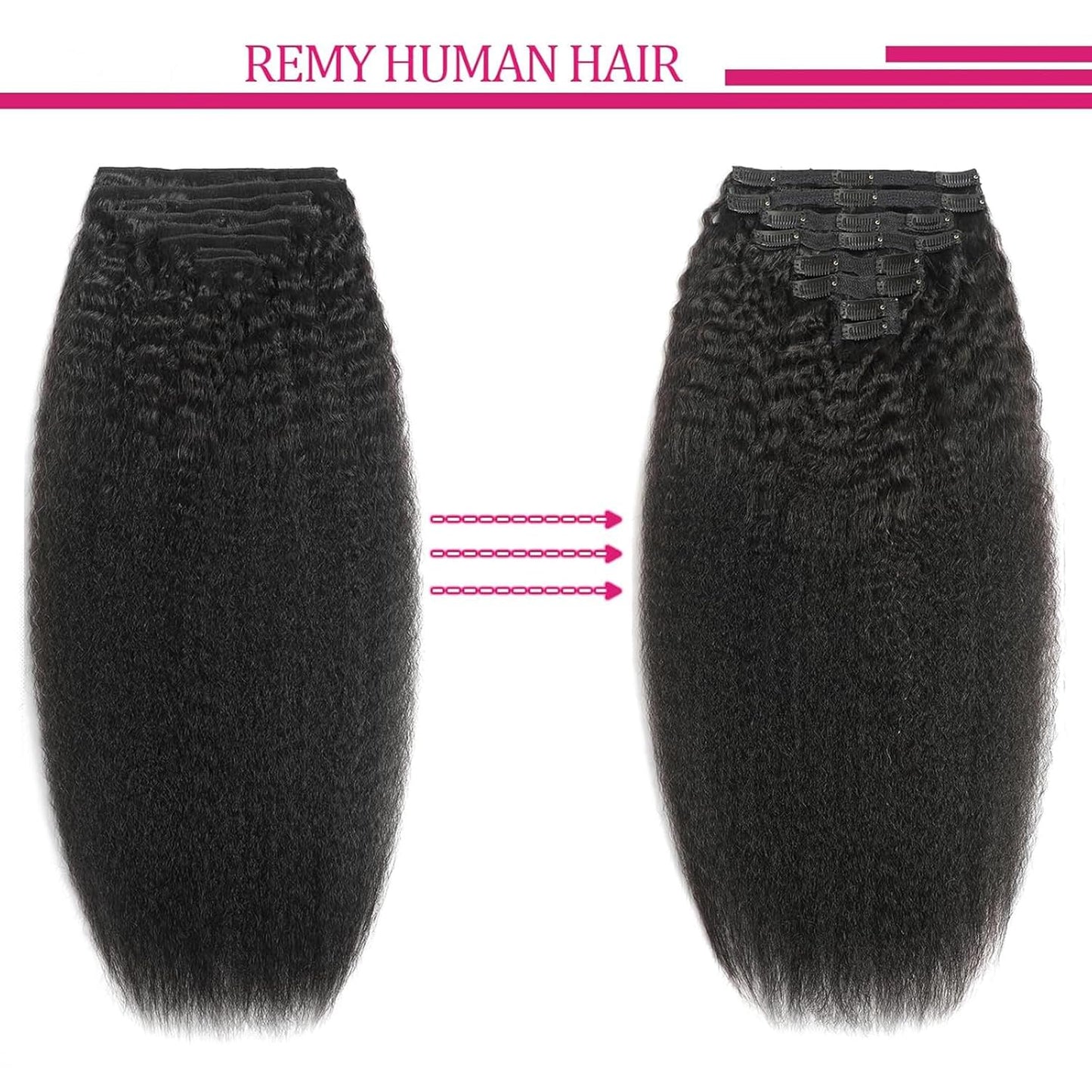 Real Human Hair Clip In Extensions - 20 Inch Kinky Straight, 120g, Full Head, Natural Black