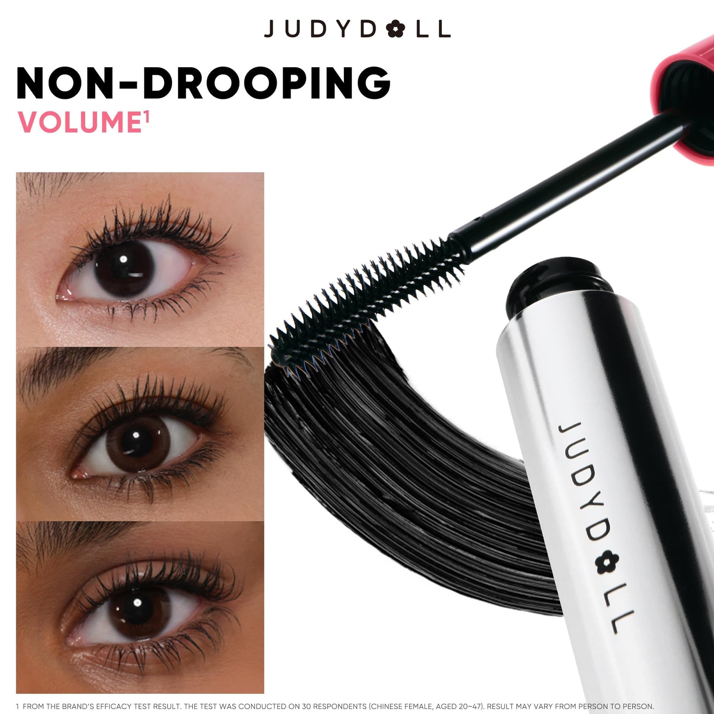 JUDYDOLL No-Drooping Volume Mascara Black, 40h Long-lasting, Smudge-Proof, Clump-Free, Waterproof Volumizing Mascara, Infused with Squalane, Strengthen and Protect Lashes