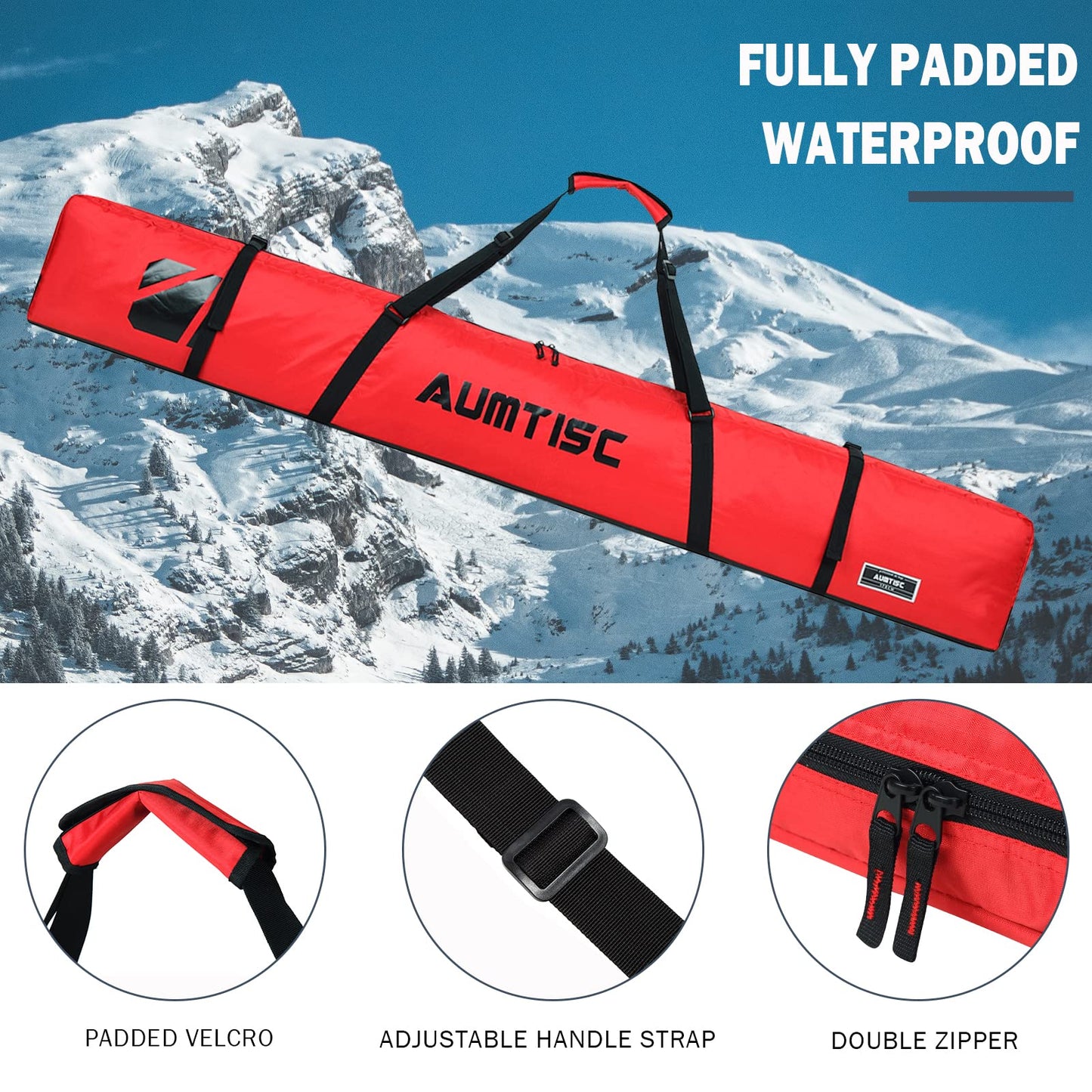 Padded Ski Bag for Air Travel, Single Snow Ski Gear Bags, Skiing Snowboard Bag to Transport Skis with Pocket, Adjustable Handle, 185cm Red