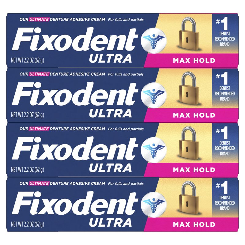 Fixodent Ultra Max Hold Secure Denture Adhesive Cream for Full and Partial Denture Wearers, 2.2oz (Pack of 4)