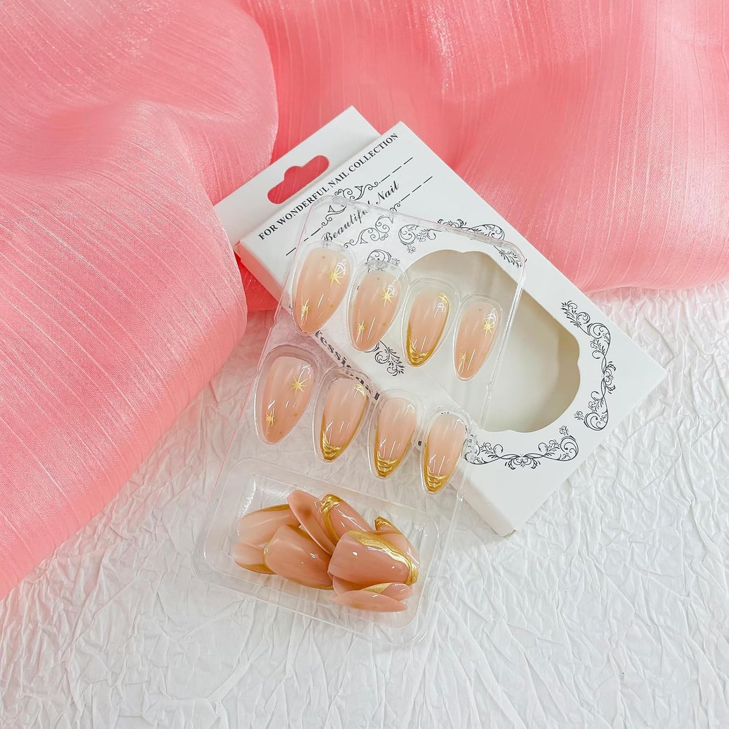 French Tip Almond Press-On Nails with Gold Bow | Reusable Glossy Acrylic False Nails for Women