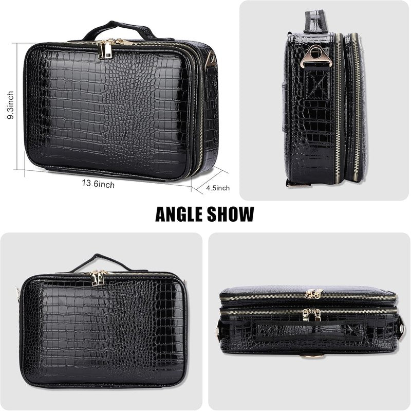 Travel Makeup Train Case - Large Capacity Cosmetic Bag Organizer for Women | Adjustable Dividers & Shoulder Strap - Medium Crocodile Pattern Black