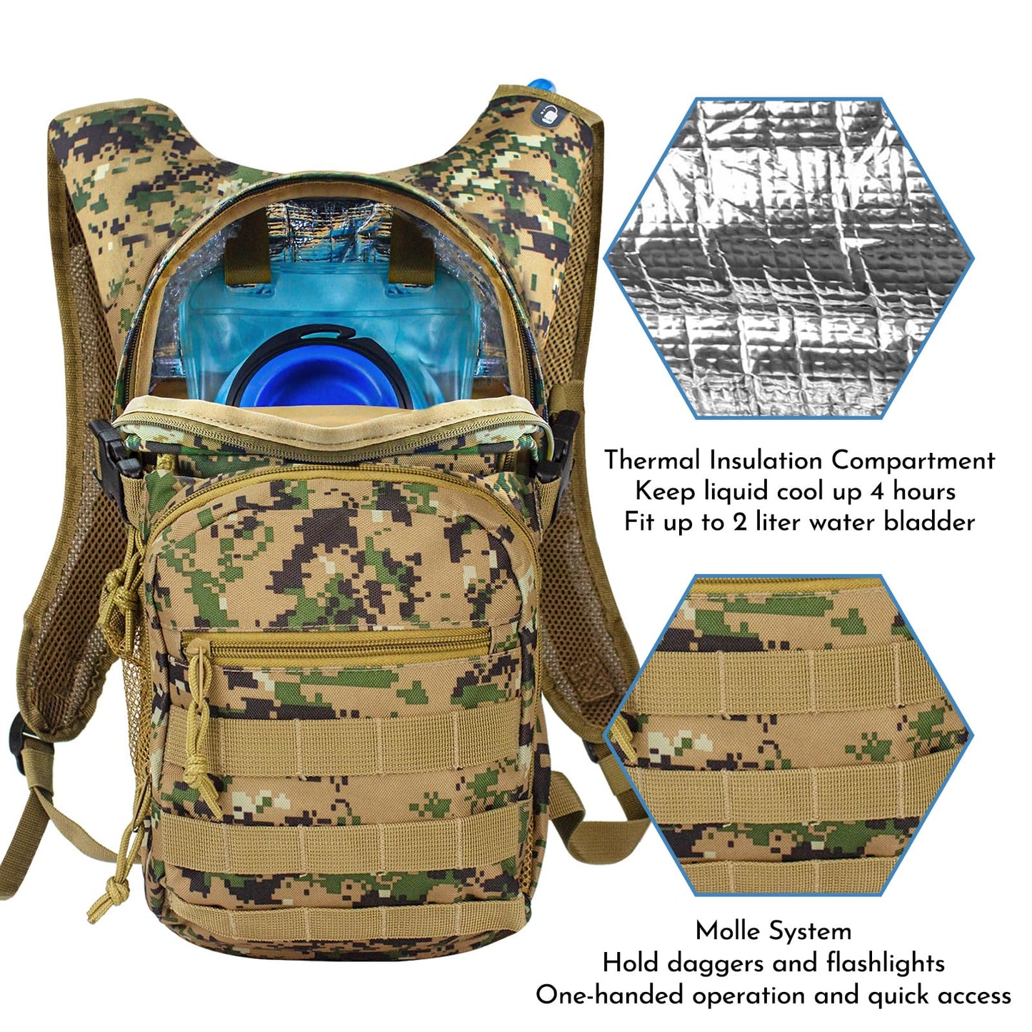 Zavothy Camo Hydration Backpack with 2L Water Bladder Tactical Molle Water Backpack for Men Women Hydration Pack for Hiking Running Climbing