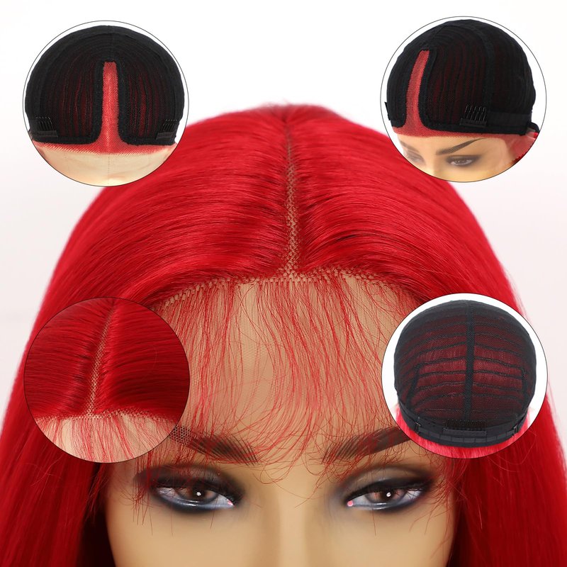 TaBeWay Red Colot Straight Synthetic 13x4 T-part Wigs with Baby Hair Glueless Pre-plucked Natural Hairline Synthetic Lace Front Wigs for Women 32inch