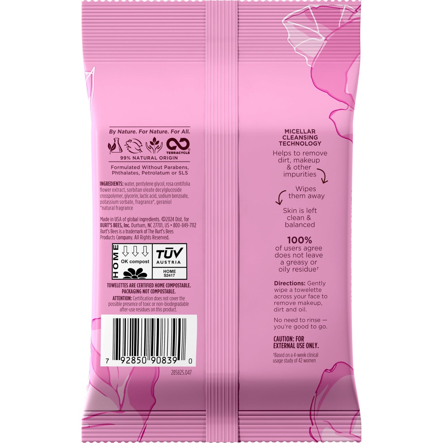 Burt’s Bees Micellar Rose Water Facial Towelettes, 100% Plant Based Cloth; 99% Natural Origin; Remove Makeup, Cleanse, Hydrate; No Greasy, Oily Residue; All Skin Types (Pack May Vary)
