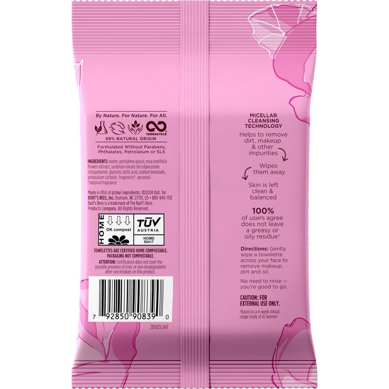 Burt’s Bees Micellar Rose Water Facial Towelettes, 100% Plant Based Cloth; 99% Natural Origin; Remove Makeup, Cleanse, Hydrate; No Greasy, Oily Residue; All Skin Types (Pack May Vary)