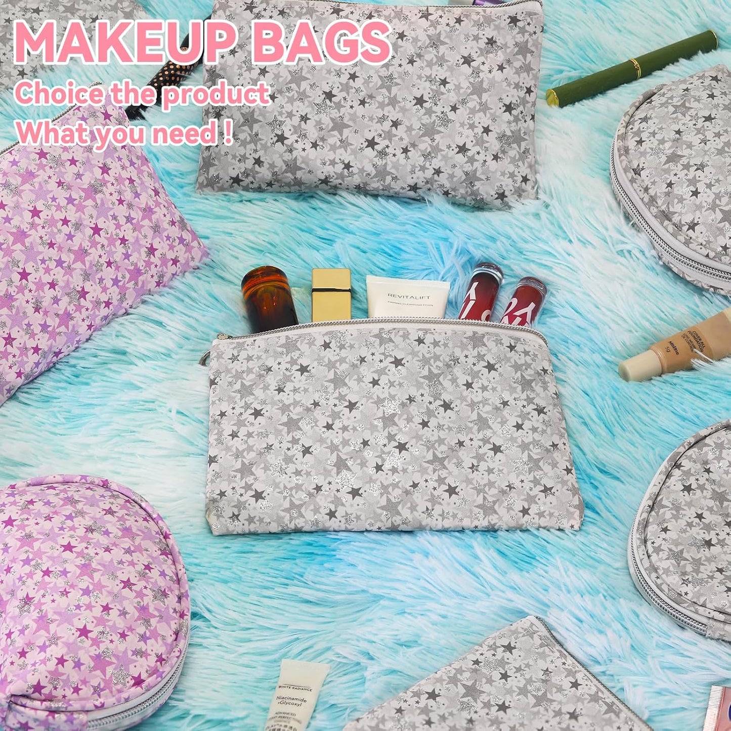 Cosmetic Bag Set - 12 Waterproof Makeup Bags with Zipper | Travel Toiletry Organizer in Grey