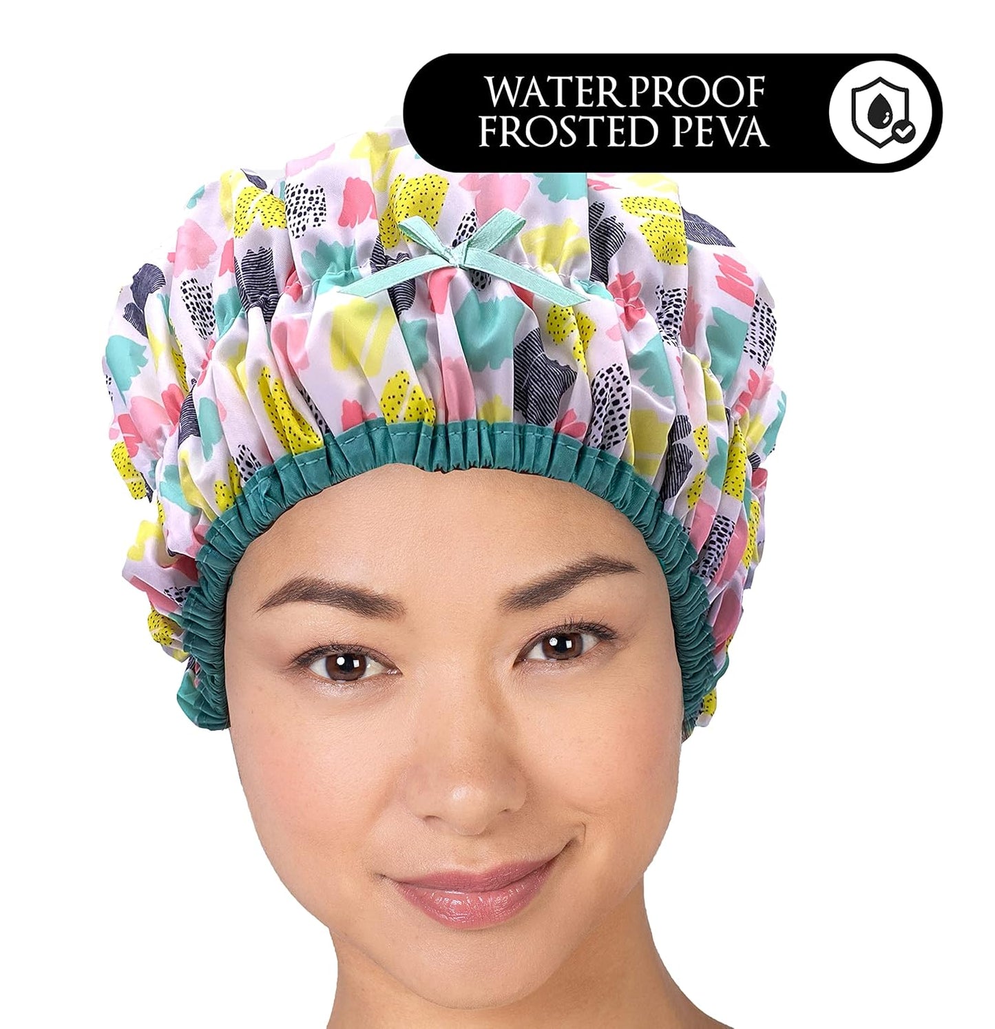 Reusable Shower Cap & Bath Cap & Lined, Oversized Waterproof Shower Caps Large Designed for all Hair Lengths with PEVA Lining & Elastic Band Stretch Hem Hair Hat - Fashionista Deco Dots