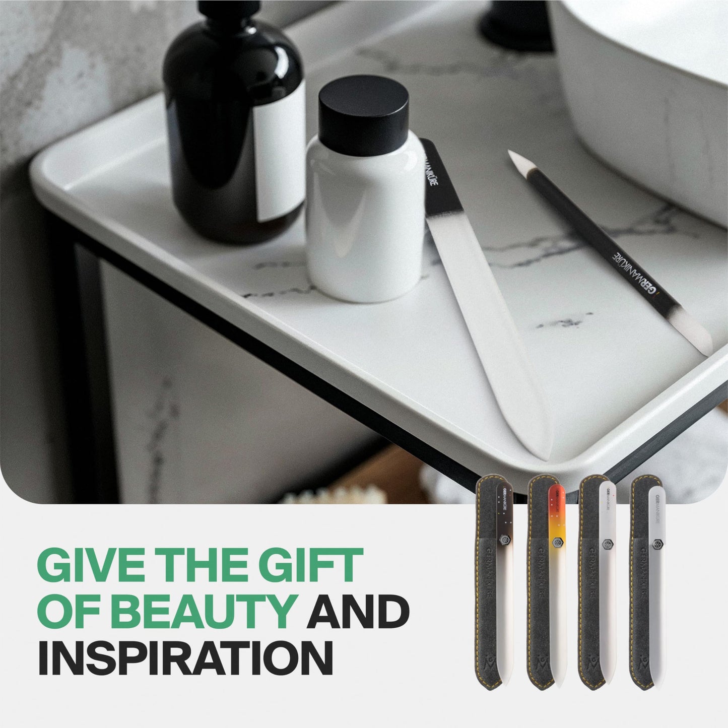 Germanikure Glass Nail File Set - Professional Manicure & Pedicure Kit - Ethically Made in Czech Republic - 2 Pc Grey File Duo