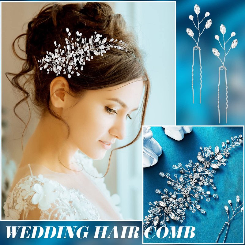 Maitys 44 Pieces Wedding Hair Accessories Faux Pearl Crystal Comb Clips U-shaped Flower Rhinestone Silver Pearl Hair Pieces for Prom Bride Bridesmaid(Elegant Style)