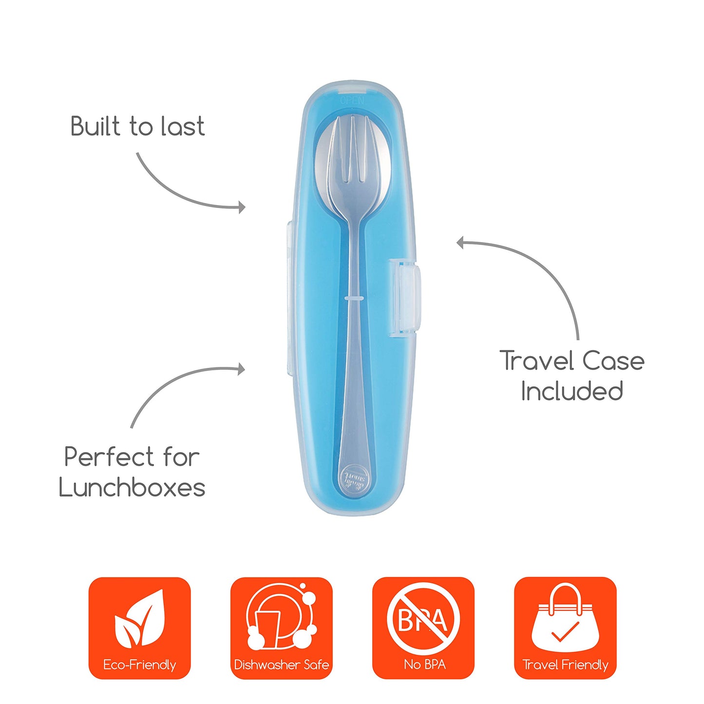 Innobaby Din Din Smart Stainless Steel Spoon and Fork with Carrying Case. Utensil Set for Kids and Toddlers. BPA Free. Blue.