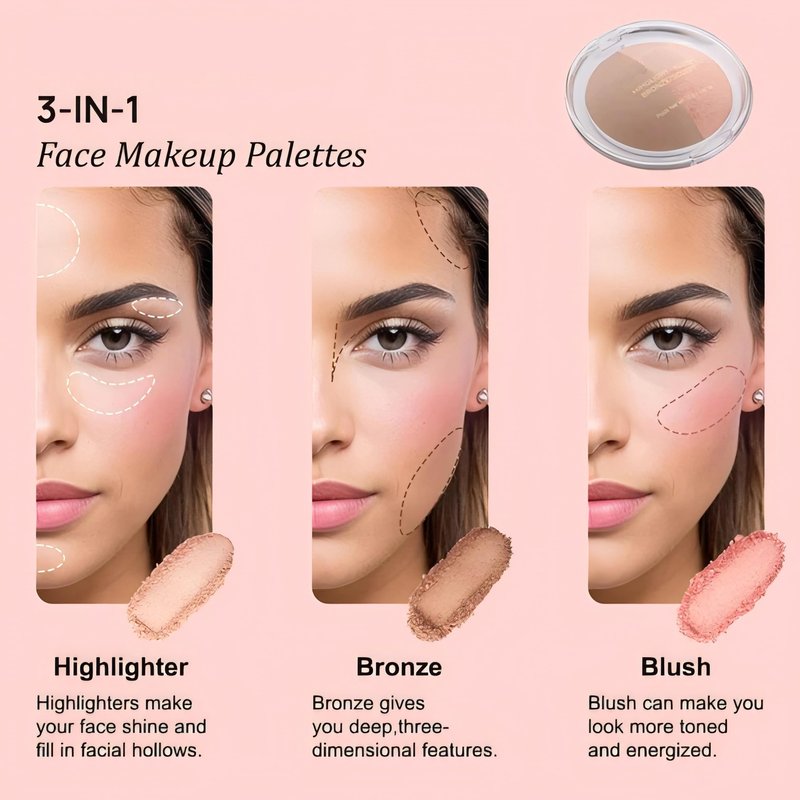 Baked Blush Highlight Bronze Powder 3-in-1 Contour Palette Sculpt Satin Silky Smooth Makeup Palettes Powder (001-Fair)