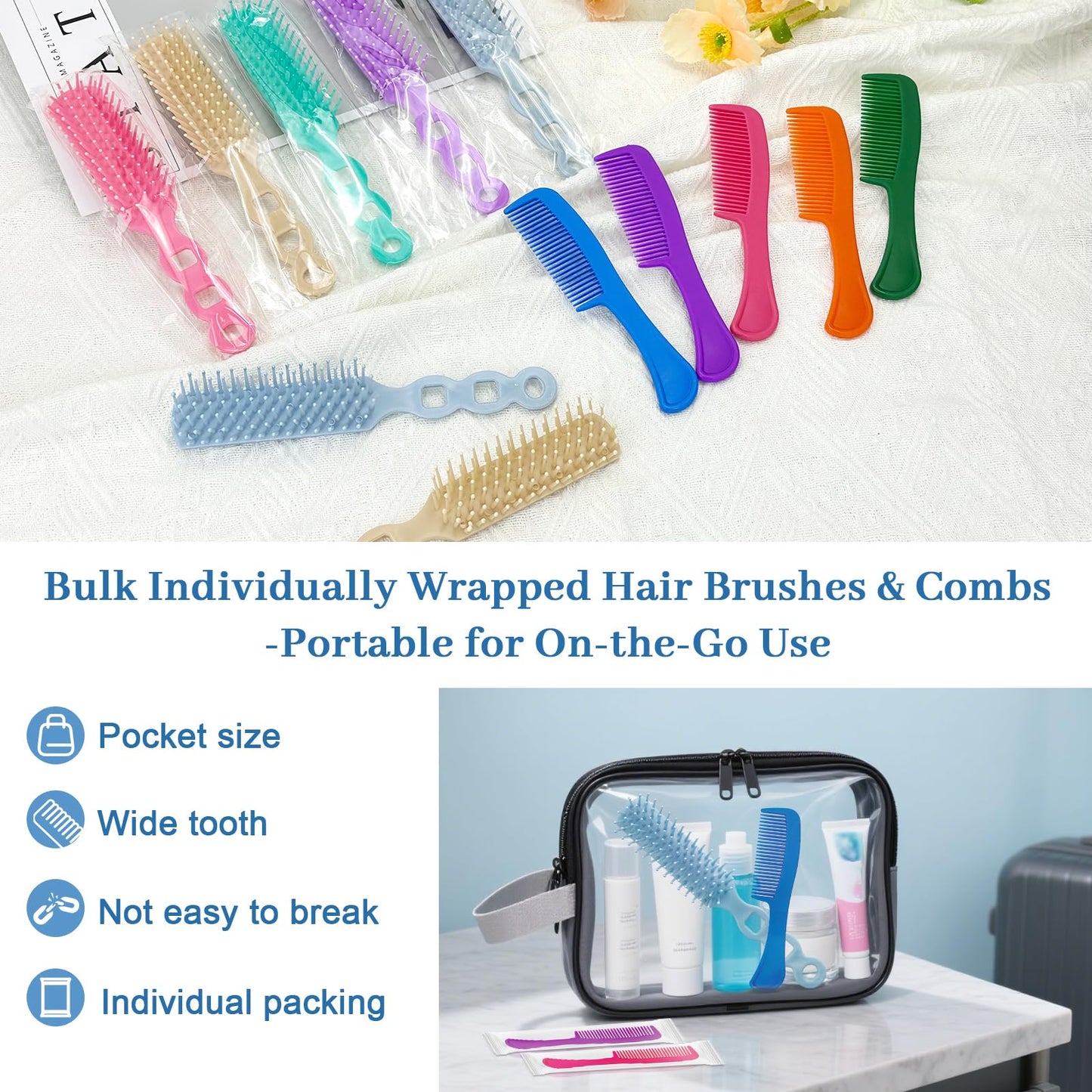 Hair Brush and Combs Set in Bulk Individually Wrapped Travel Comb Brush Bulk for Women Kids Hotel Homeless Charity, Multicolor(100 Pieces)