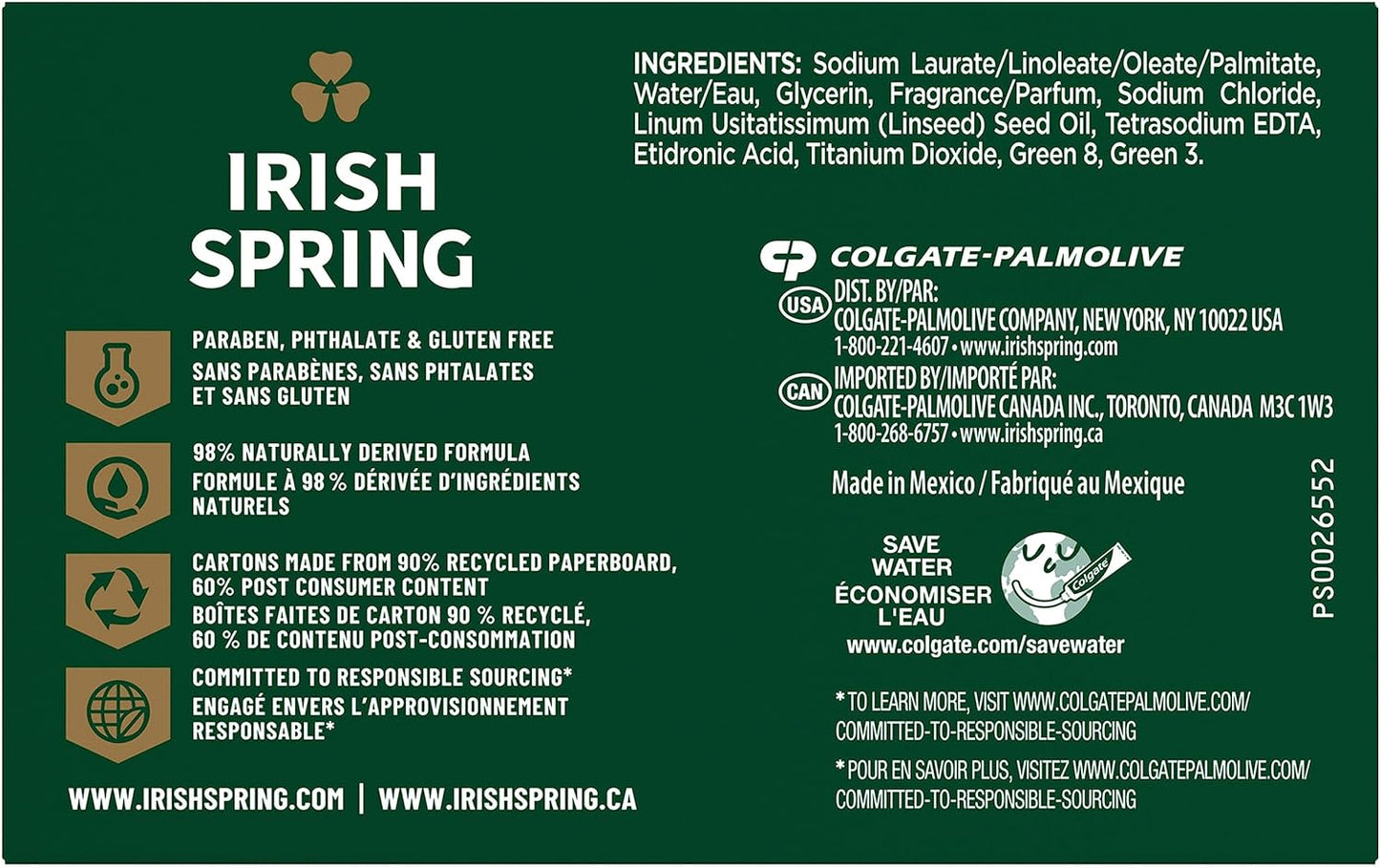 Irish Spring Original Scent Bar Soap 3.2 oz. Pack of 2
