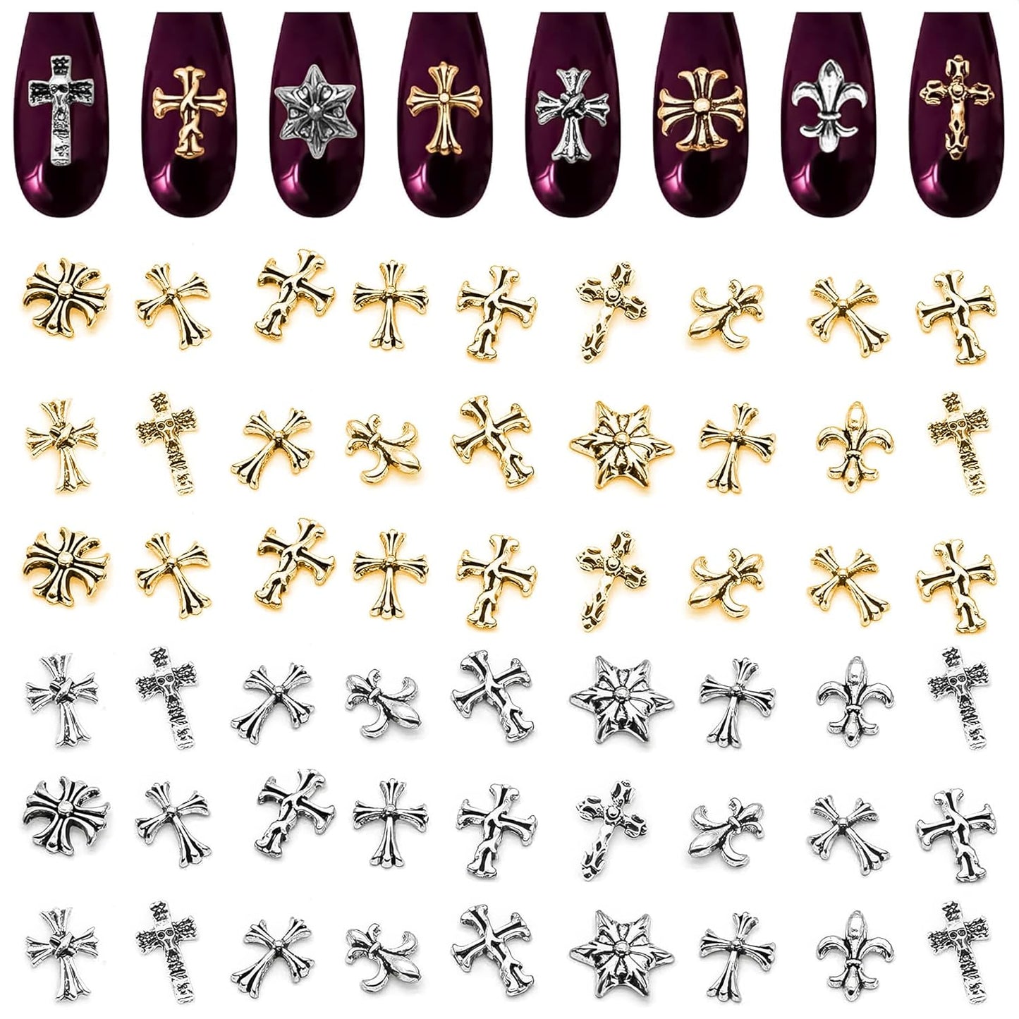 100 Pcs Silver Cross Nail Charms and Gems – 3D Acrylic Cross Charms for Nails for DIY & Professional Manicure – Easy-to-Apply & Durable Nail Decorations, Versatile for Y2K & Nail Studs
