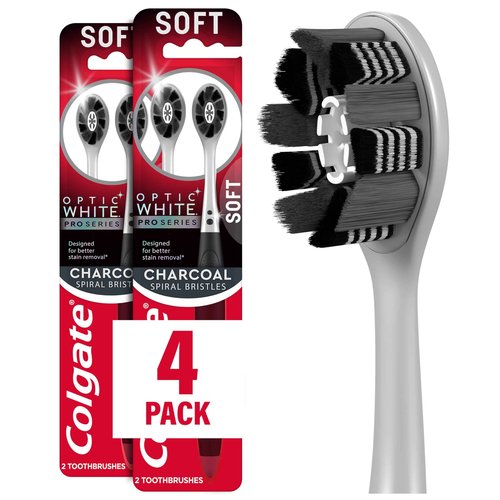 Colgate Optic White Pro Series Charcoal Toothbrushes, Adult Soft Toothbrushes with Charcoal Spiral Bristles, Helps Polish Away Surface Stains and Whitens Teeth, 4 Pack
