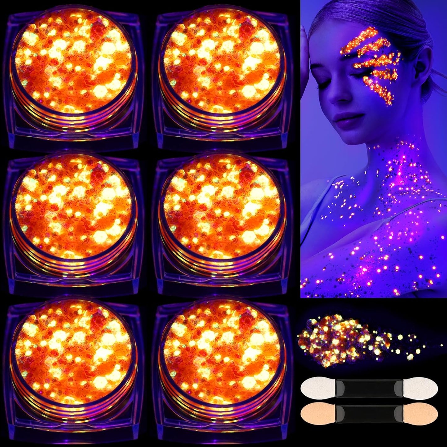 Teenitor 6 Colors Glow in The Dark Glitter Gel, Face Glitter Gel, Body Glitter Hair Glitter for Halloween Makeup UV Black Light Party Cheer Raves Festivals