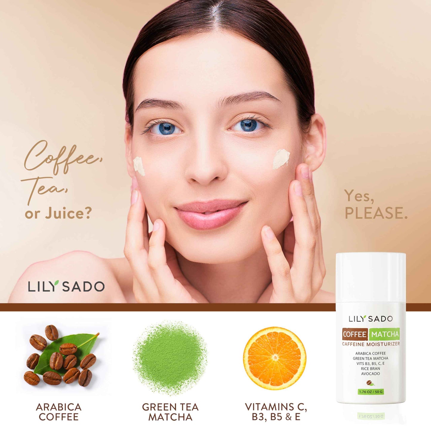LILY SADO TEA+C™ Coffee & Matcha Face Moisturizer - Natural Vegan Caffeine Facial Cream w Green Tea & Arabica Coffee Beans - Best Antioxidant, Anti-Wrinkle Moisturizing Lotion - Softens & Firms