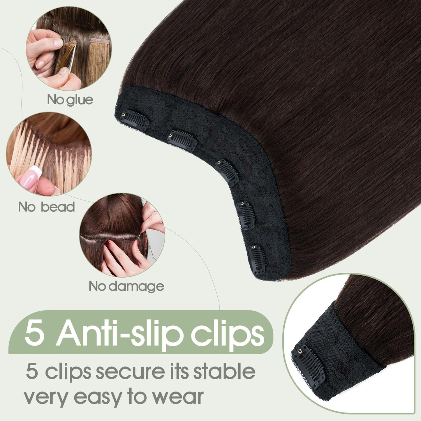 S-noilite Clip in Hair Extensions Human Hair 5 Clips 3/4 Full Head V Part Weft Thicker Hair Lace Net One Piece Hair Extensions Clip in Human Hair (12"-50g,#02 Dark Brown)