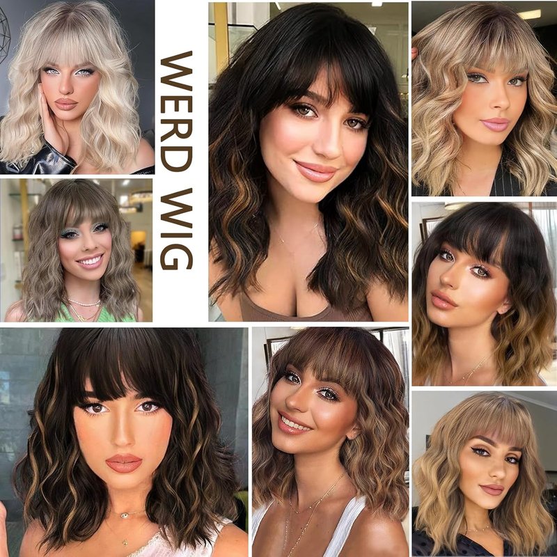 Blonde Wavy Wig for Women - Natural-Looking Synthetic Bob with Bangs | Heat-Resistant Curly Ombre Hair for Cosplay