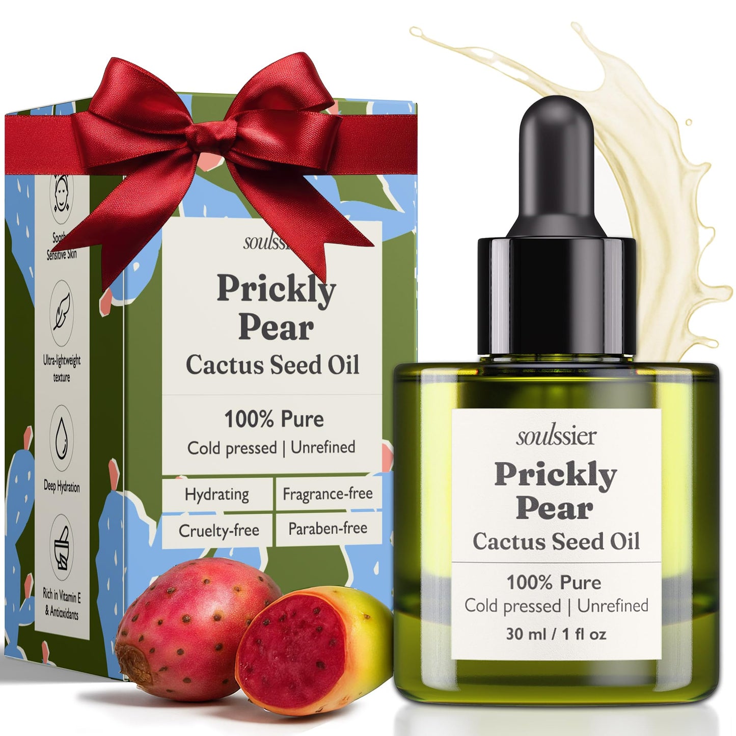 Soulssier Prickly Pear Seed Oil – 100% Pure, Fragrance-Free, Extra Virgin, Cold Pressed & Unrefined | Face Oil for Skin, Hair & Nails | Dry, Sensitive & Mature Skin Deeply Hydrating | 1 oz