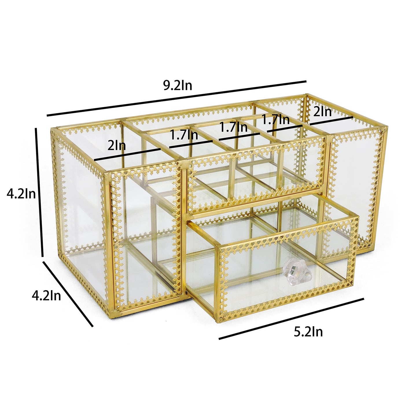 FSyueyun Vanity Clear Glass Makeup Organizer, Gold Makeup Brush Holder Cosmetic Storage Display Case for Skincare Perfume Dresser Countertop