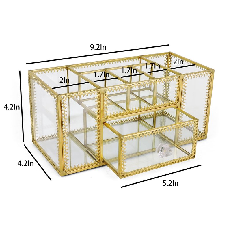 FSyueyun Vanity Clear Glass Makeup Organizer, Gold Makeup Brush Holder Cosmetic Storage Display Case for Skincare Perfume Dresser Countertop