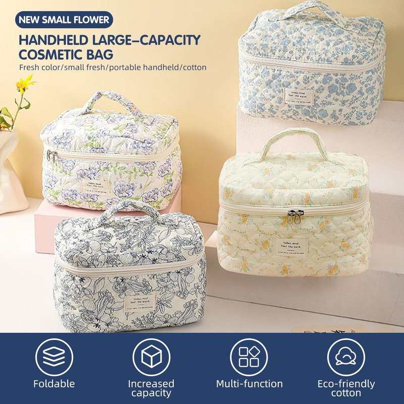 Quilted Floral Makeup Bag 3PCS, Cute Cotton Coquette Aesthetic Travel Toiletry Bag, Zipper Cosmetic Pouch, Daily Travel Use Skincare Bag, Large Capacity (Powder Blue Botanical)