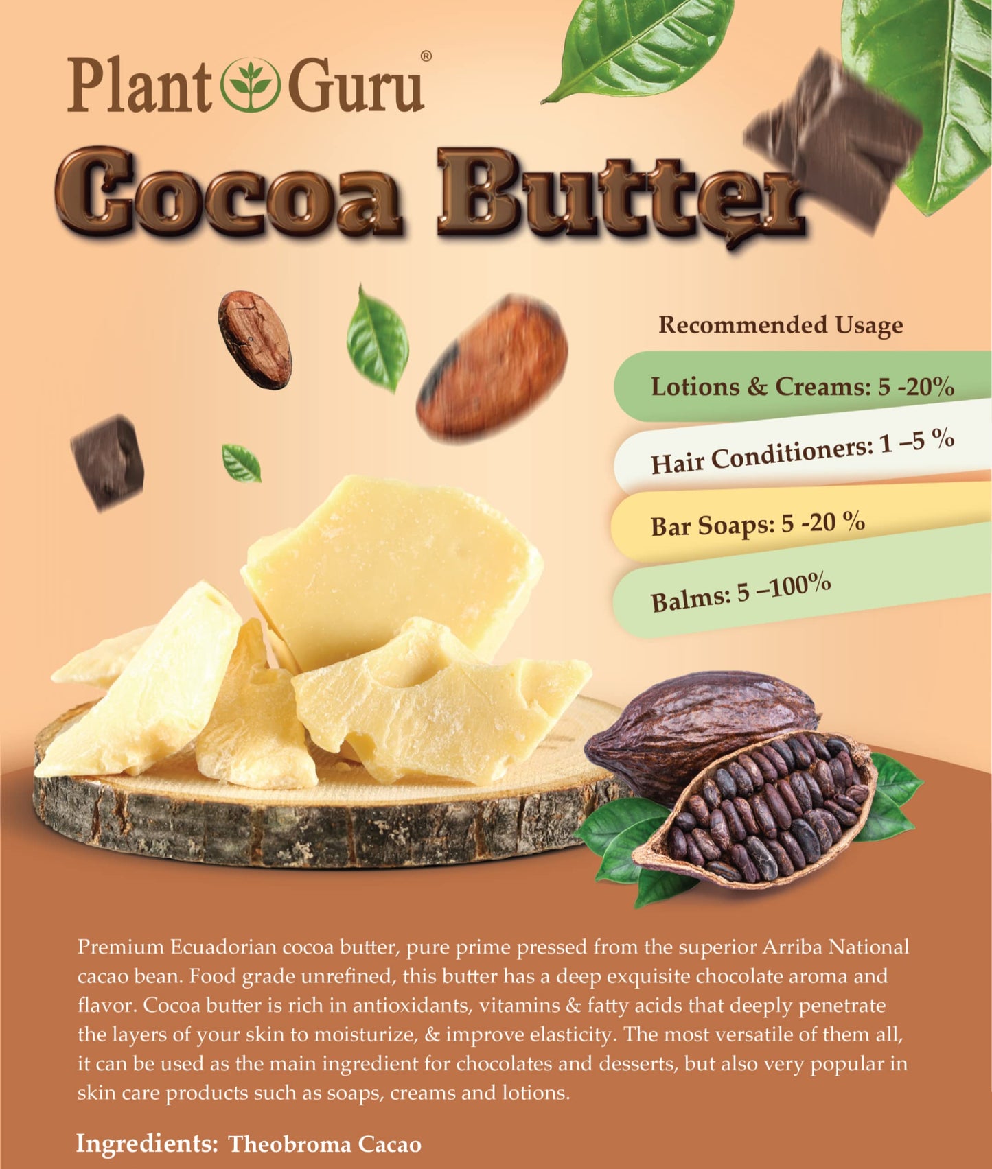 Plant Guru Raw Cocoa Butter 14.5 oz. 100% Pure Natural Unrefined FOOD GRADE Arriba Nacional Cacao Bean, Great For Chocolate Making, Soap, Lip Balm and Moisturizer For DIY Body Butters