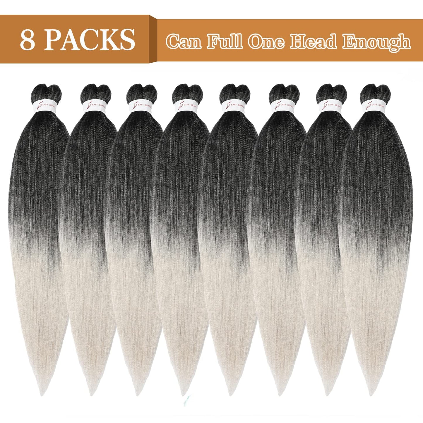 8 Packs Pre Stretched Braiding Hair, 48 Inch Braiding Hair Pre Stretched Yaki Texture, Hot Water Setting, Easy To Install Professional Synthetic Ombre Braiding Hair(1B/Silver)
