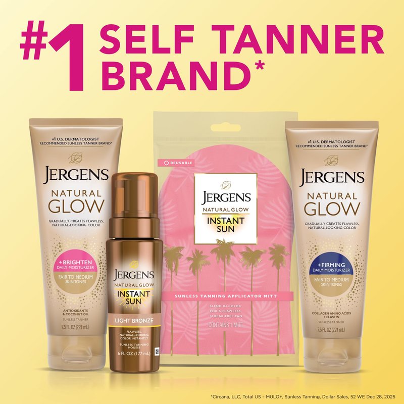 Jergens Natural Glow +Firming Self Tanner Body Lotion, Fair to Medium Skin Tone, Sunless Tanning Moisturizer with Collagen and Elastin. Helps to Visibly Reduce Cellulite, 7.5 Fl Oz
