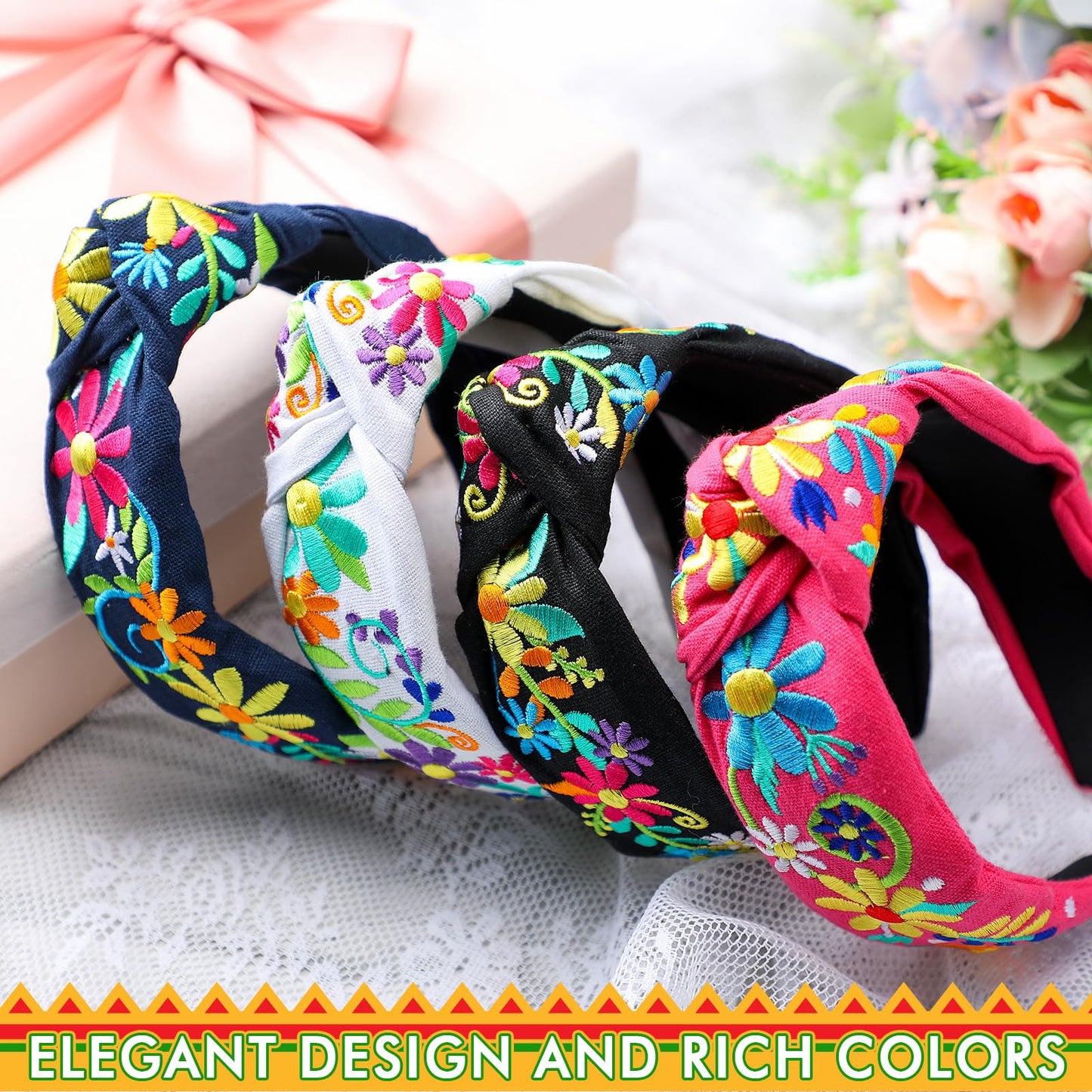 Hoteam 4 Pcs Mexican Embroidery Headband for Women Cinco De Mayo Embroidery Flower Stripe Knotted Wide Headband for Girls Party Gifts Outfit, Day of the Dead, Mexican Independence Day(Flower)
