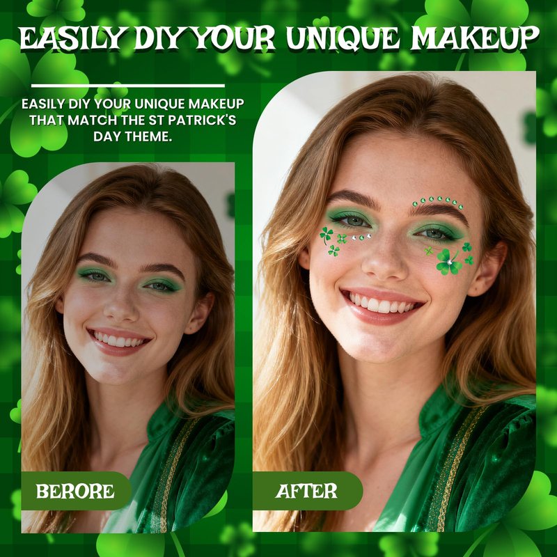 EMOME St Patrick Day Accessories, St Patrick's Day Shamrock Face Tattoo with Green White Face Gems, Saint Patrick's Day Makeup Art Decorations for Women, Girls