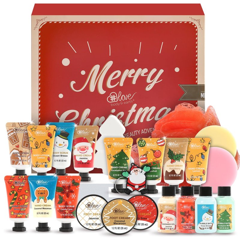 BODY & EARTH # LOVE Advent Calendar 2025 Womens Christams Gifts, Advent Beauty Calendar for Teen Girls 24 Days Countdown Calendar Hand Cream Gifts Spa Bath Sets with Body Lotion, Santa Keychain, Red