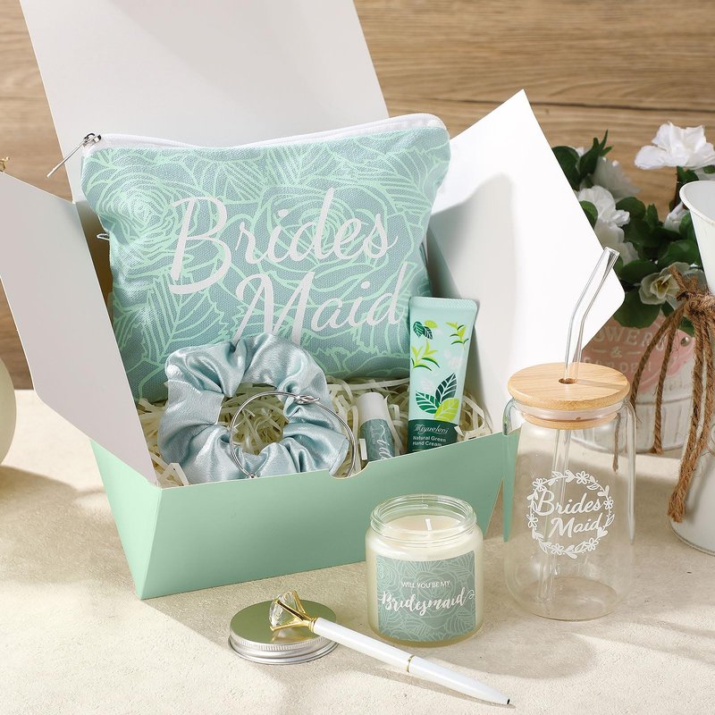 Meanplan 14 Pcs Bridesmaid Proposal Gifts Set, Will You Be My Bridesmaid Gifts with Proposal Box Glass Cup Makeup Bag Cards Lip Balm Hand Cream Candle Scrunchie Bracelet Diamond Pen for Wedding(Green)