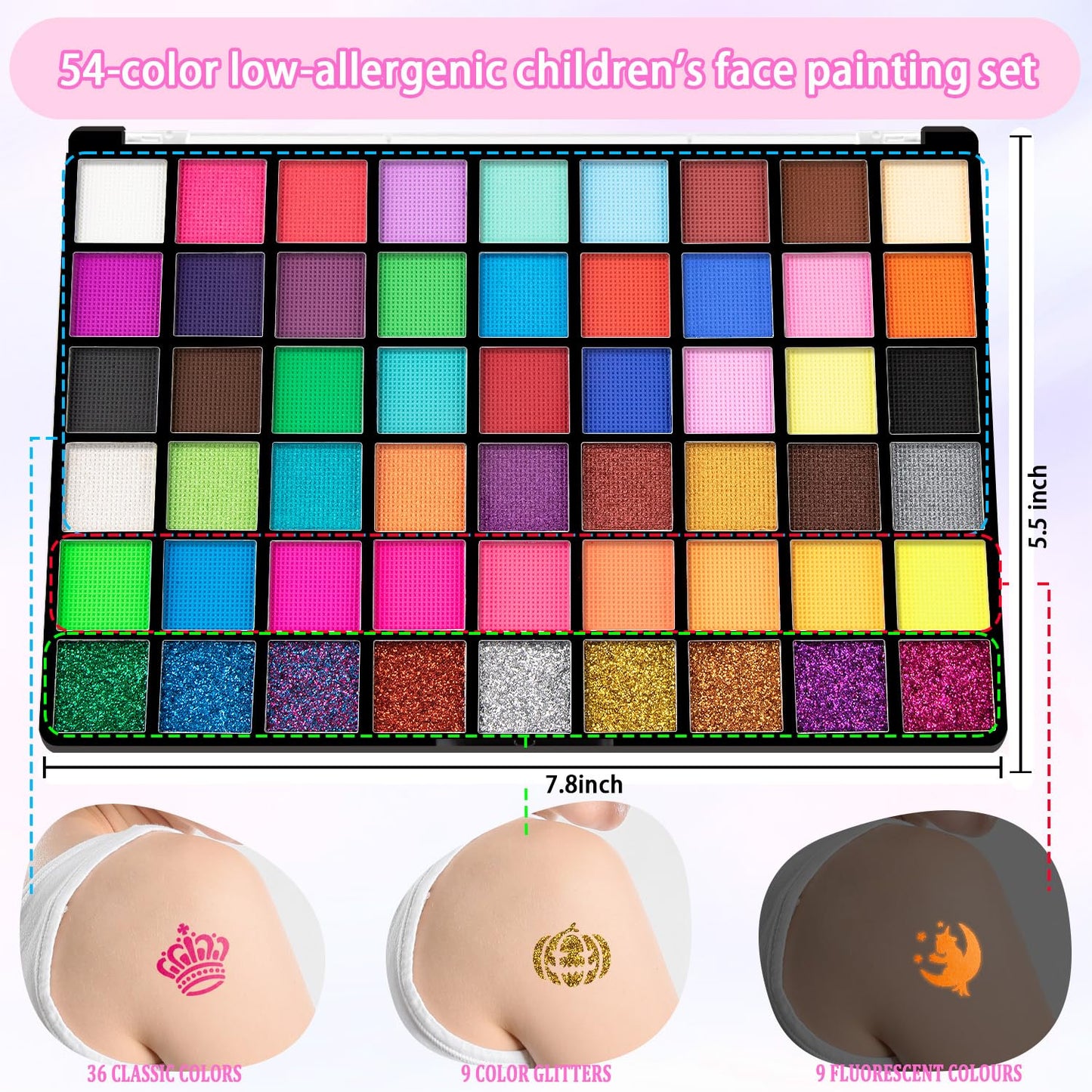 Face Painting Kit ,54 Colors Face Paint Makeup Kit,Non-Toxic Water Activated Facepaint Pallette with Brushes,Stencils,Sponge,Gems,For Halloween,Christmas Carnival, Party,cosplay ctc.