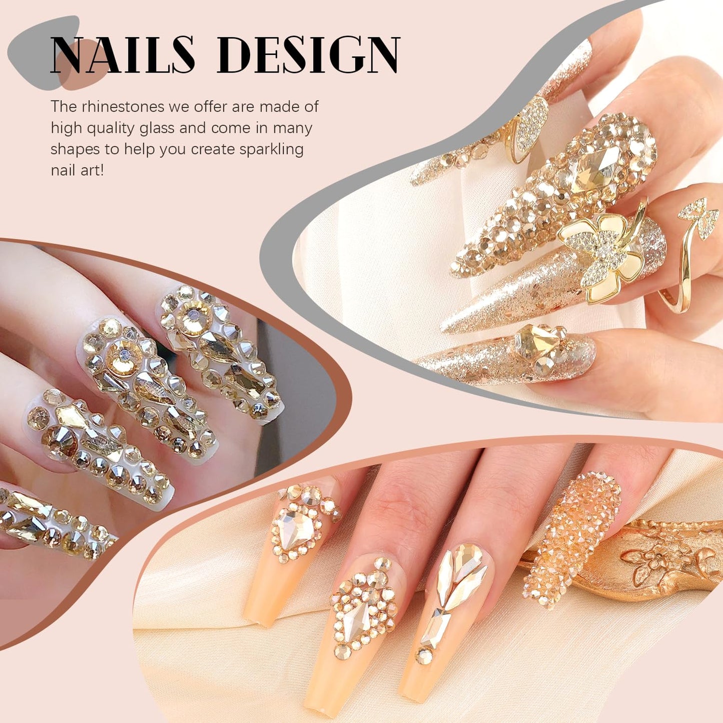 3220Pcs Champagne Gold Nail Rhinestones 120Pcs Multi Shapes Flatback Gems Charms Crystal+3100Pcs 1.5-4mm Round Beads, Glass Diamond Gemstones for Bedazzling Acrylic Nails Decoration