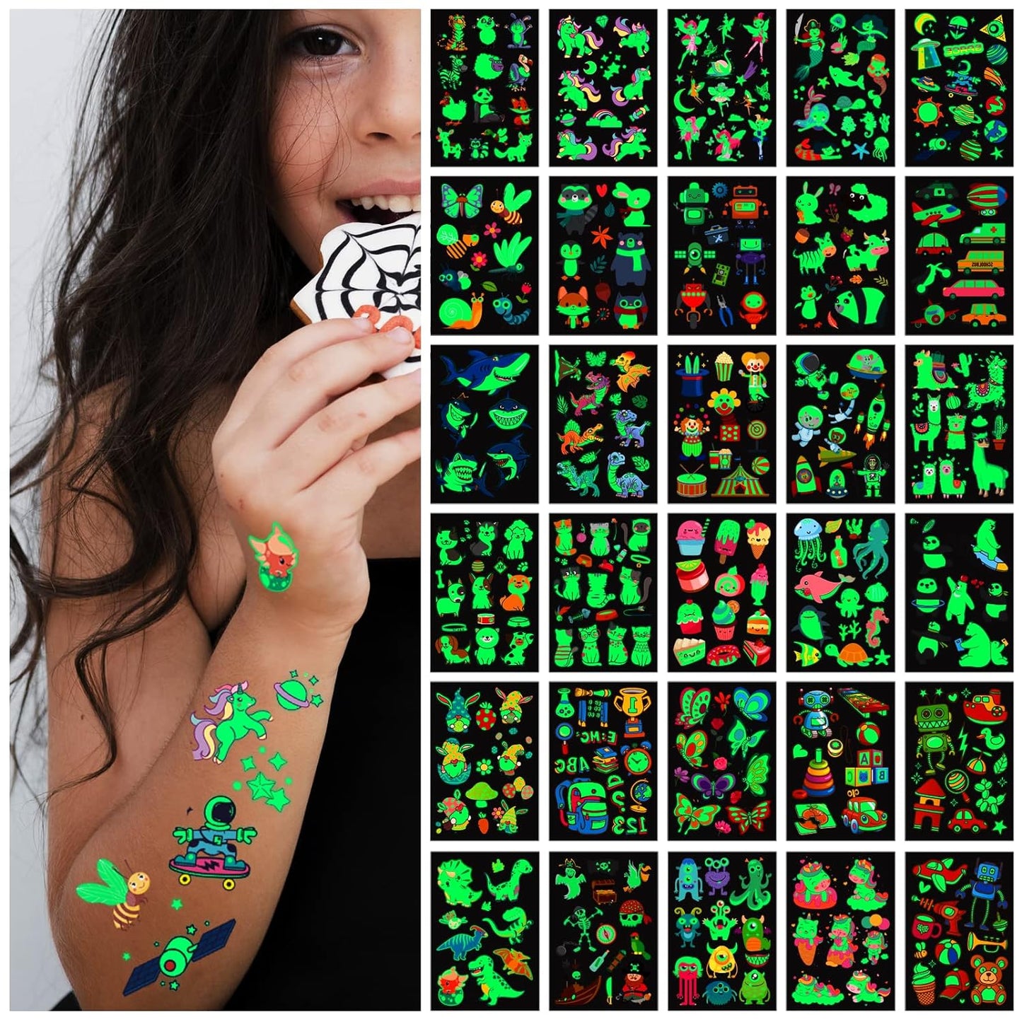 310 Pcs Luminous Temporary Tattoos For Kids,Mixed Styles Glow In The Dark Tattoos for Boys and Girls,Butterfly Dinosaur Pirate Mermaid Fake Tattoo Stickers,Glow Party Supplies Arts and Crafts