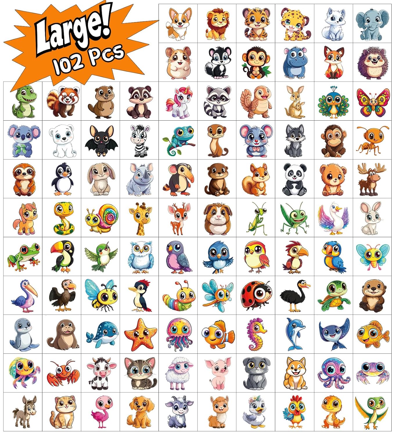 JCFIRE Larger Temporary Tattoos For Kids, 102 Styles Mixed Cute Animals Stickers Birthday Party Favors for Kids 3-5 4-8, Goodie Bag Stuffers Party Supplies Decoration Gifts Activities Games